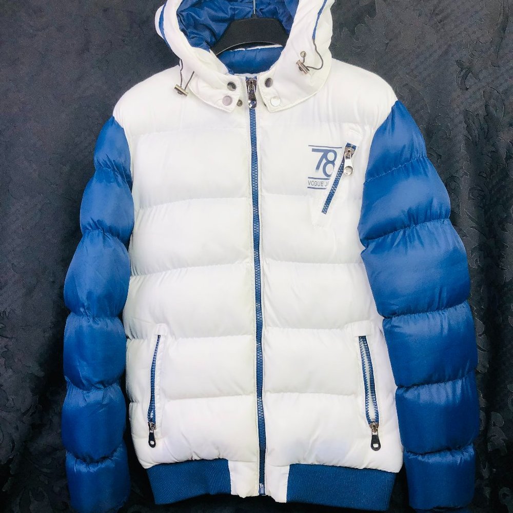 SF Vogue 78 "Junior's" Ladies White/Blue Puff Jacket w/ Hood Size XXL (XXS)